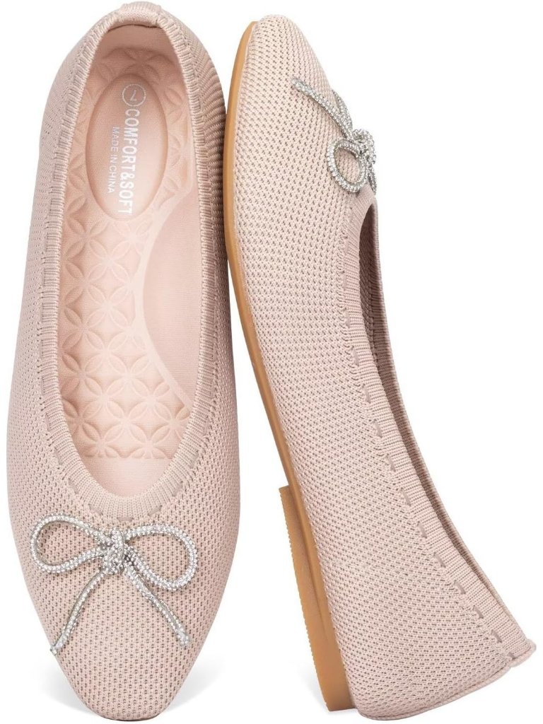 Women's Ecru Rubber Knit Square Toe Rhinestone Bow Ballet Flats Flexible Shoes